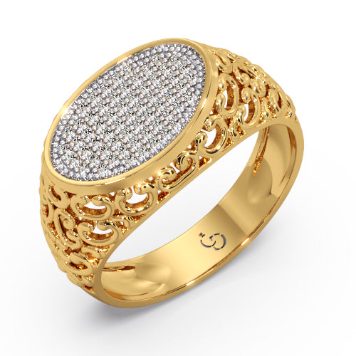 men’s round brilliant diamond ring | oval pavé cluster top filigree band design