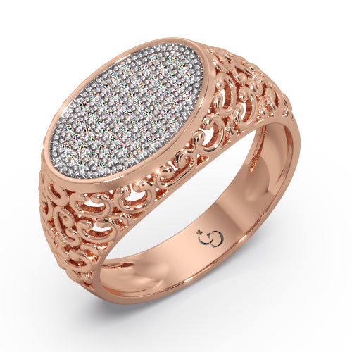 men’s round brilliant diamond ring | oval pavé cluster top filigree band design