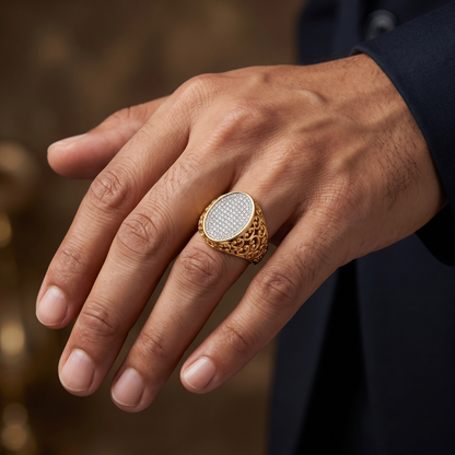 Men’s Round Brilliant Diamond Ring | Oval Pavé Cluster Top Filigree Band Design