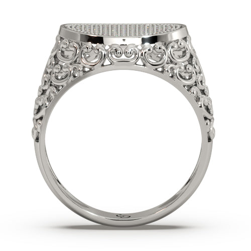 men’s round brilliant diamond ring | oval pavé cluster top filigree band design