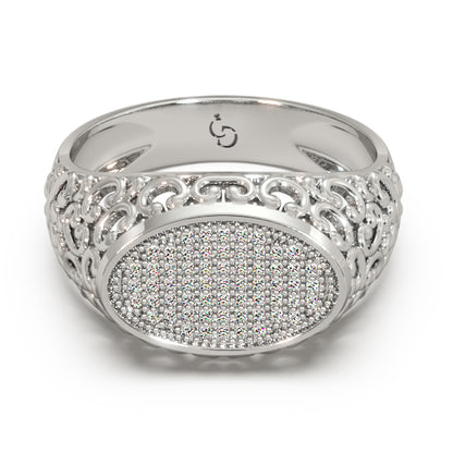 Men’s Round Brilliant Diamond Ring | Oval Pavé Cluster Top Filigree Band Design