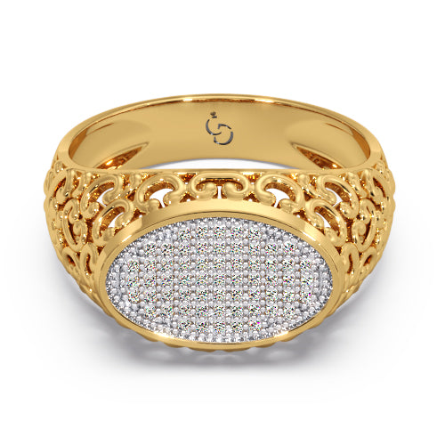 men’s round brilliant diamond ring | oval pavé cluster top filigree band design