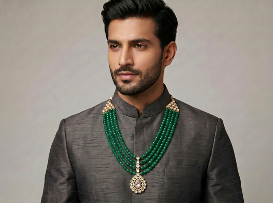 Green Beaded Diamond Necklace for Men | Multi-Strand Beads with Diamond Pendant Detail